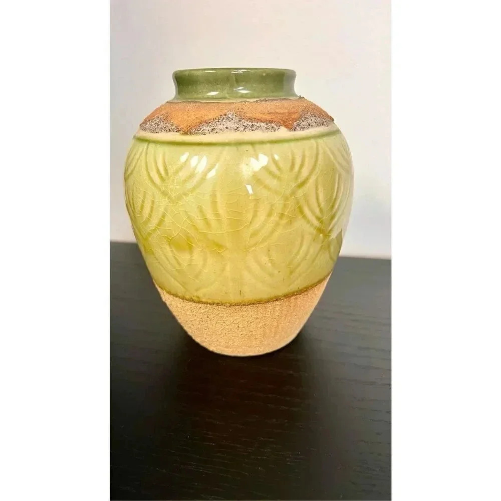 Ceramic Gazed Sand Art Pottery Vase Tan Green Embossed Pattern Textured Handmade